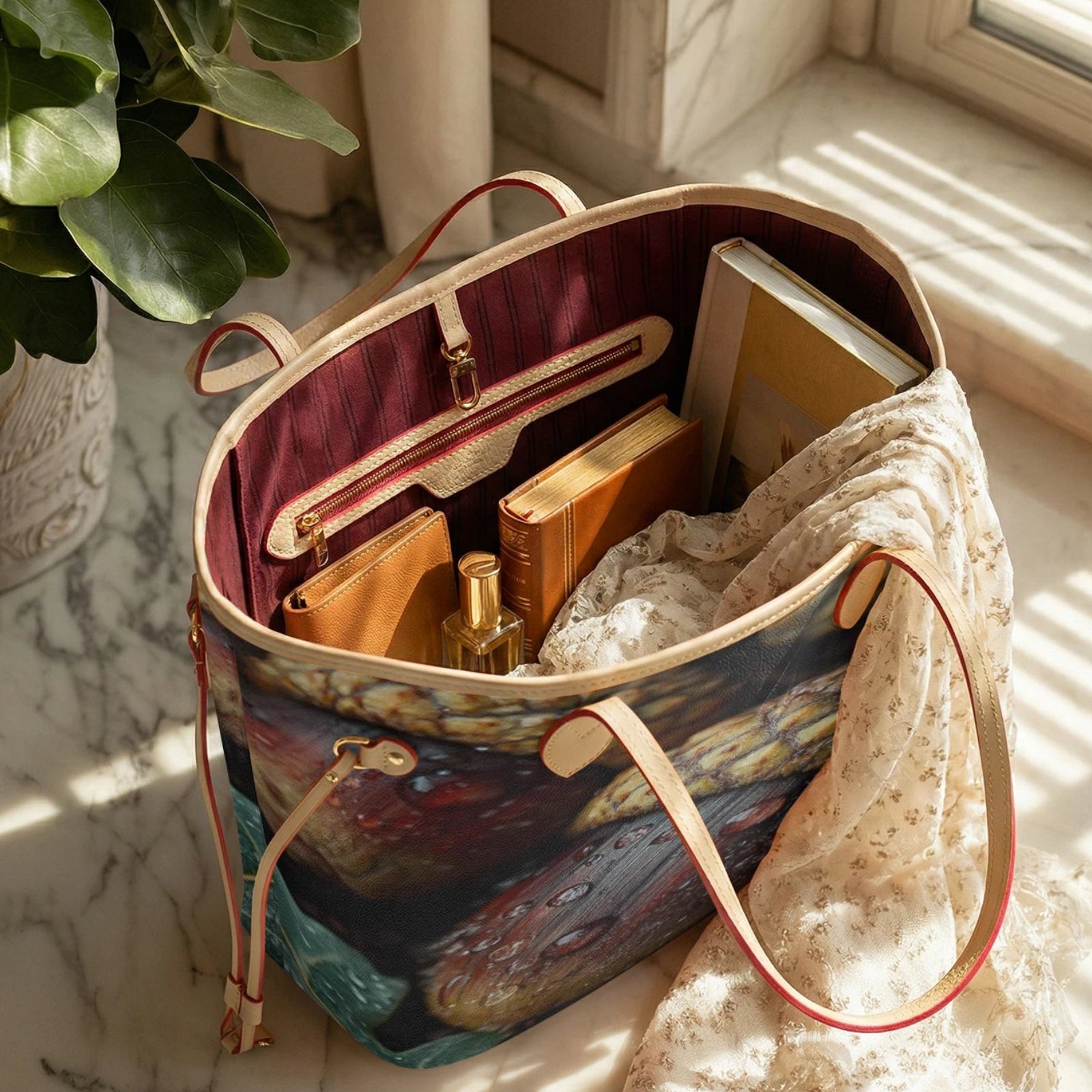 A tote bag with an artistic, painterly print on the exterior and tan leather handles, shown open on a marble windowsill with sunlight and shadows. The bag contains books, a scarf, and a perfume bottle, next to a potted plant.