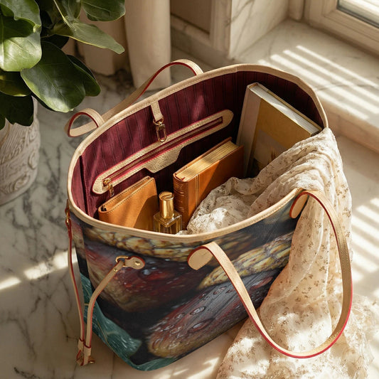 A tote bag with an artistic, painterly print on the exterior and tan leather handles, shown open on a marble windowsill with sunlight and shadows. The bag contains books, a scarf, and a perfume bottle, next to a potted plant.