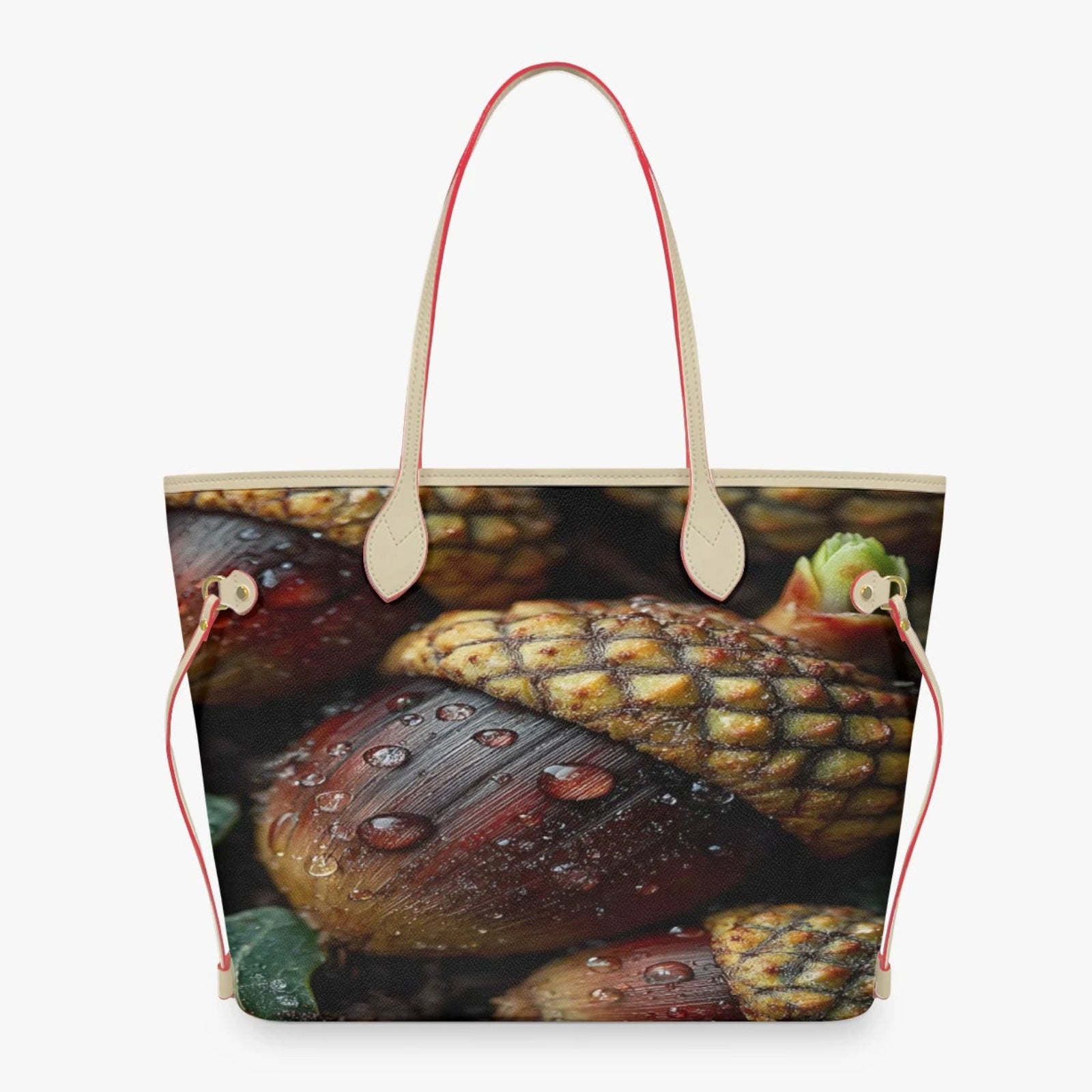 A tote bag featuring a close-up photographic print of wet acorns with water droplets, complete with light beige shoulder straps and red drawstring side details, shown against a plain light gray background.
