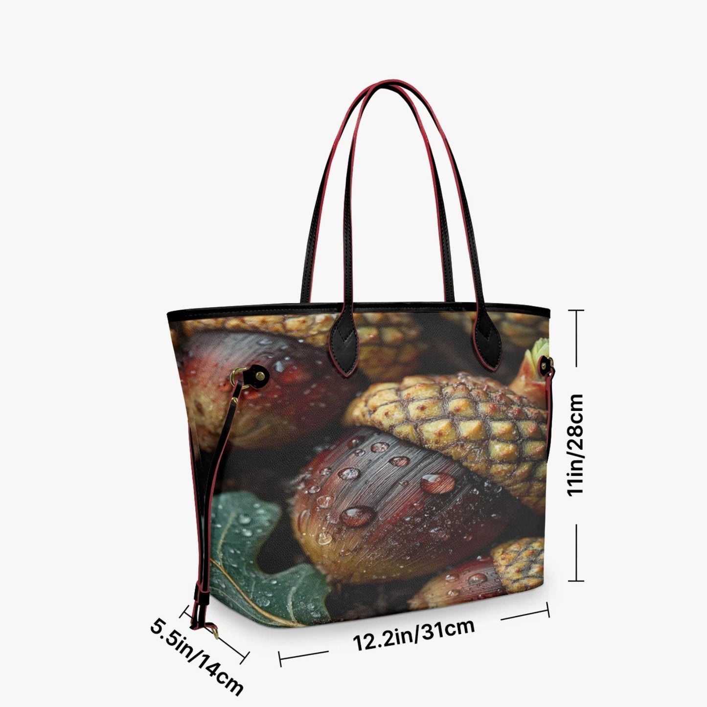 A tote bag with a realistic print of pinecones and wet green leaves, featuring dark brown handles and trim. Black dimension lines and text overlay show its measurements: 12.