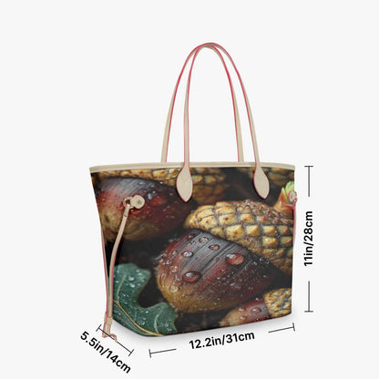A tote bag with a realistic acorn and forest print, featuring light pink handles and a pink drawstring, shown with black dimension lines and text indicating its measurements of 12.2in/31cm, 5.