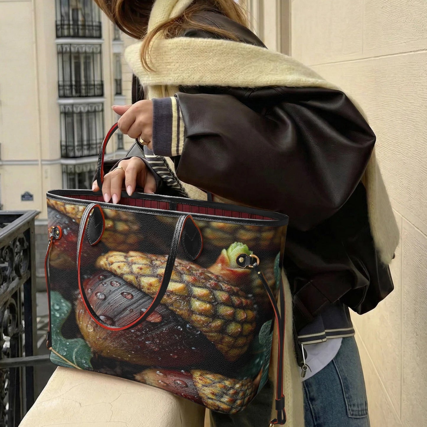 A woman on a balcony carries a large tote bag featuring a detailed print of a crocodile and a leather suitcase, styled with a dark brown leather jacket and a cream-colored scarf.