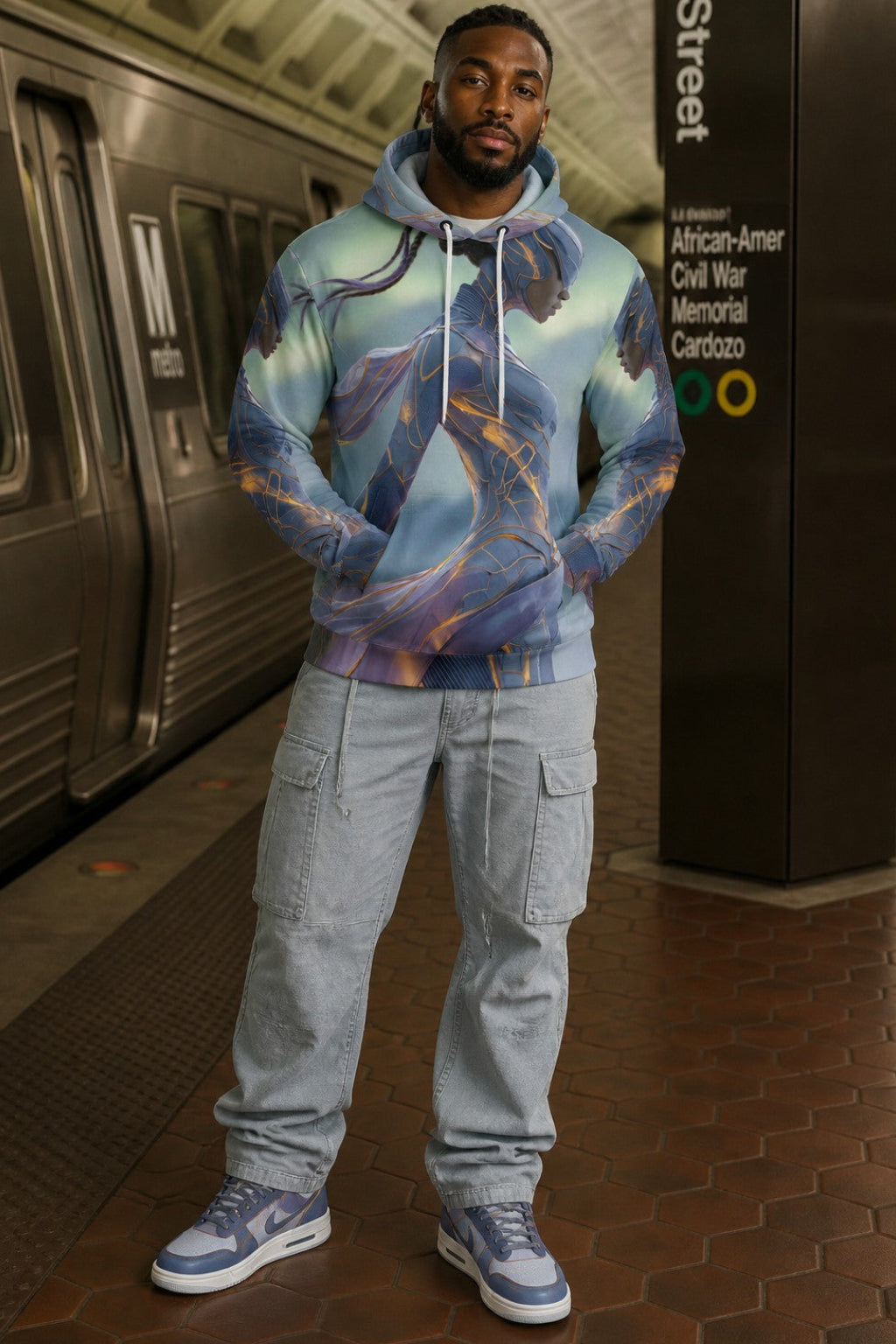 A man stands in a subway station wearing a pullover hoodie with a detailed blue and purple Civil War battle scene print, paired with light gray cargo pants and blue sneakers.