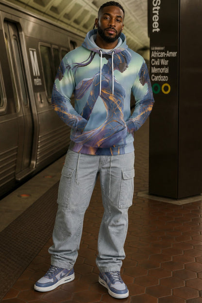 A man stands in a subway station wearing a pullover hoodie with a detailed blue and purple Civil War battle scene print, paired with light gray cargo pants and blue sneakers.