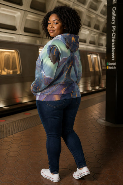 A woman stands on a subway platform wearing a colorful abstract-patterned hoodie, dark blue jeans, and white sneakers, with a train and station signage visible in the background.