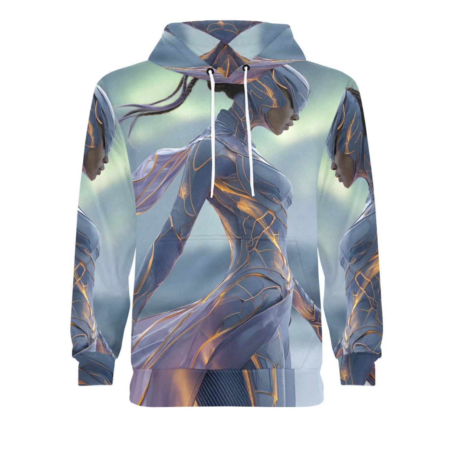 A pullover hoodie featuring a full-body fantasy print of a female warrior in metallic blue armor with gold accents, shown against a plain white background.