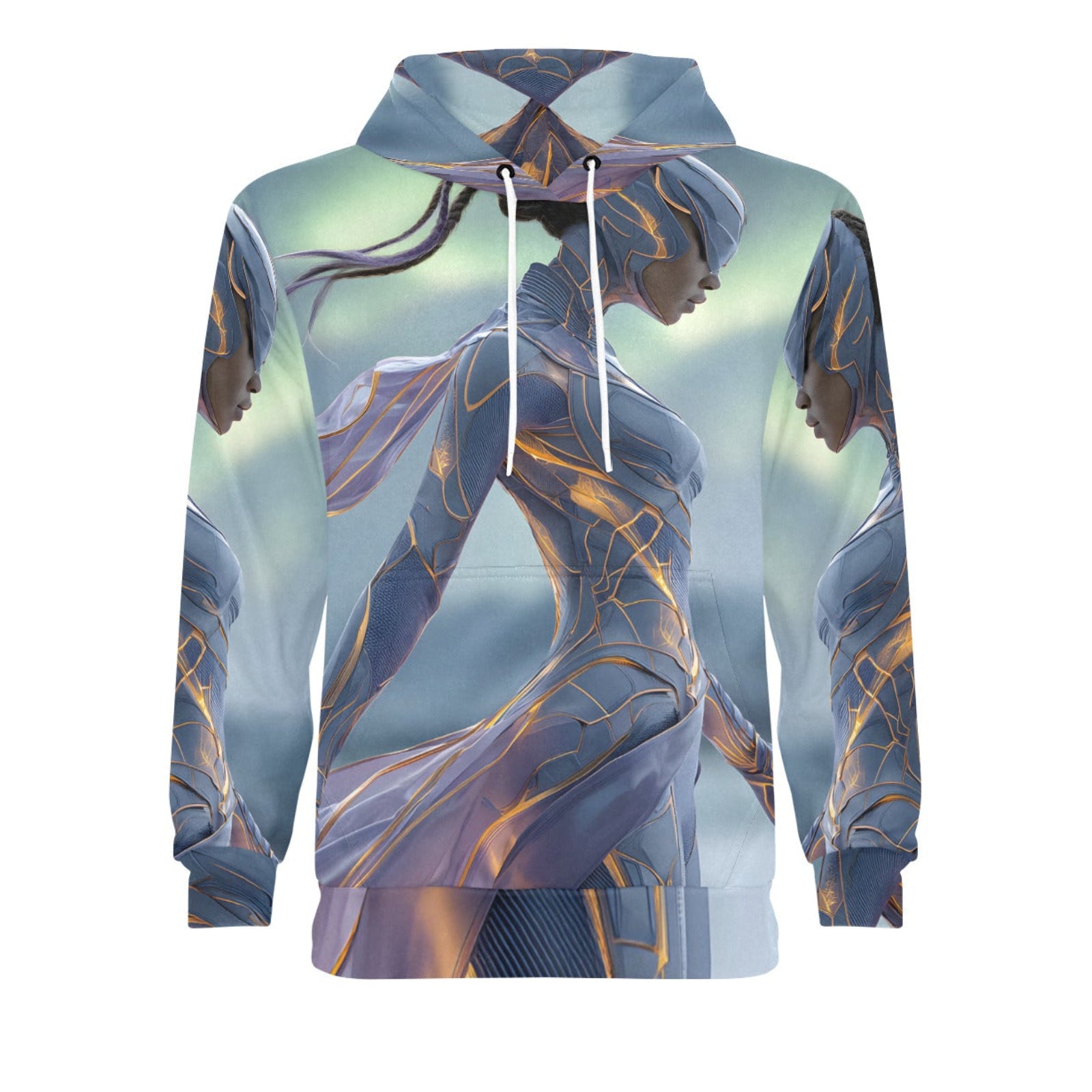 A pullover hoodie featuring a full-body fantasy print of a female warrior in metallic blue armor with gold accents, shown against a plain white background.