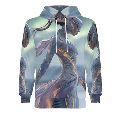 A pullover hoodie featuring a full-body fantasy print of a female warrior in metallic blue armor with gold accents, shown against a plain white background.