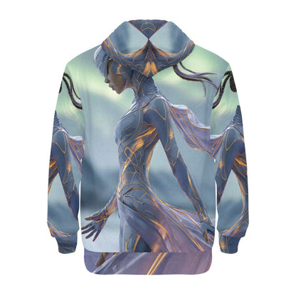 A pullover hoodie featuring an all-over fantasy graphic print of a stylized female figure in flowing blue, purple, and gold tones against a soft sky-like background.