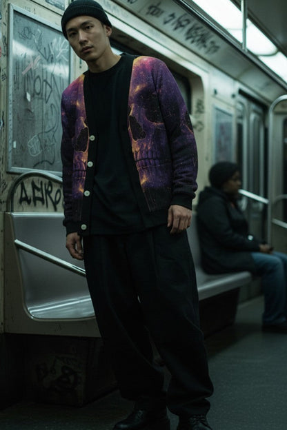 A man stands on a subway train wearing a black beanie, a black crewneck shirt, black sweatpants, and a purple cardigan with a skull graphic. Another person sits in the background on a subway bench.