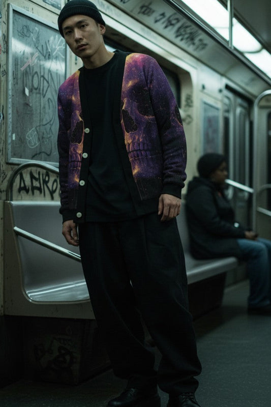 A man stands on a subway train wearing a black beanie, a black crewneck shirt, black sweatpants, and a purple cardigan with a skull graphic. Another person sits in the background on a subway bench.