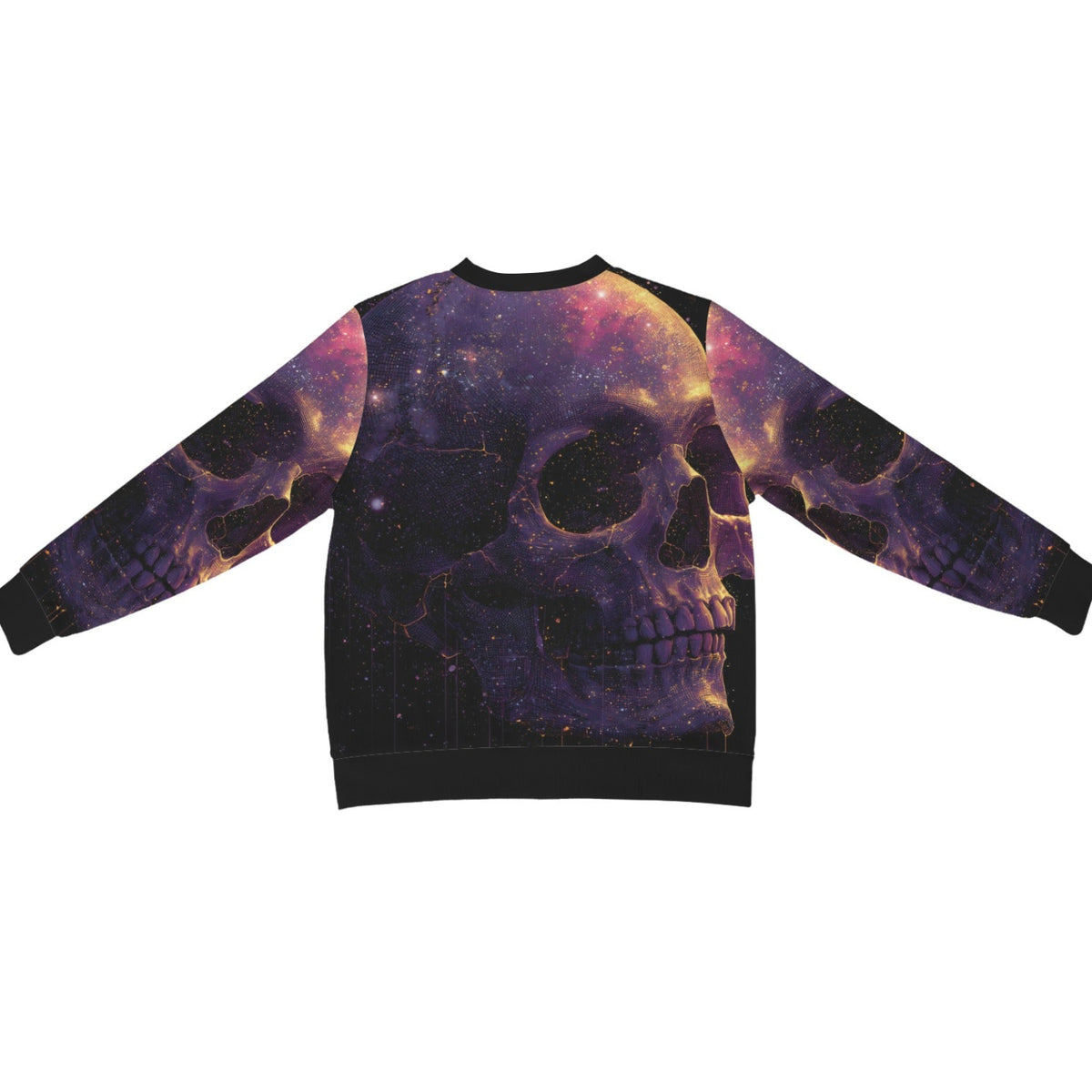 A long-sleeve crewneck sweatshirt featuring a large skull graphic printed over a cosmic galaxy background with purple, pink, and orange nebulae, shown on a plain white background.
