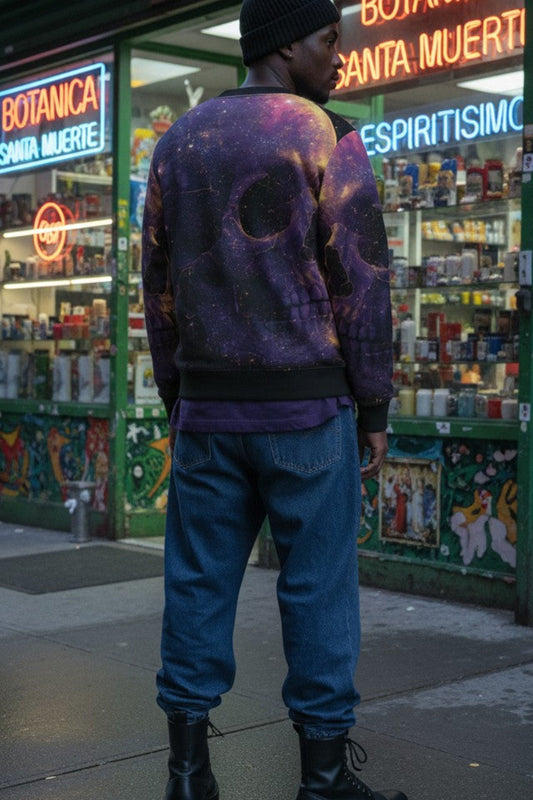 A man stands on a city sidewalk in front of a colorful storefront, viewed from behind. He is wearing a dark beanie, a purple and black galaxy-print crewneck sweater, blue jeans, and black boots.