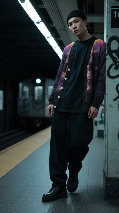 A man wearing a black beanie, black t-shirt, black sweatpants, and a purple patterned button-up cardigan stands on a subway platform next to a graffiti-covered pillar.