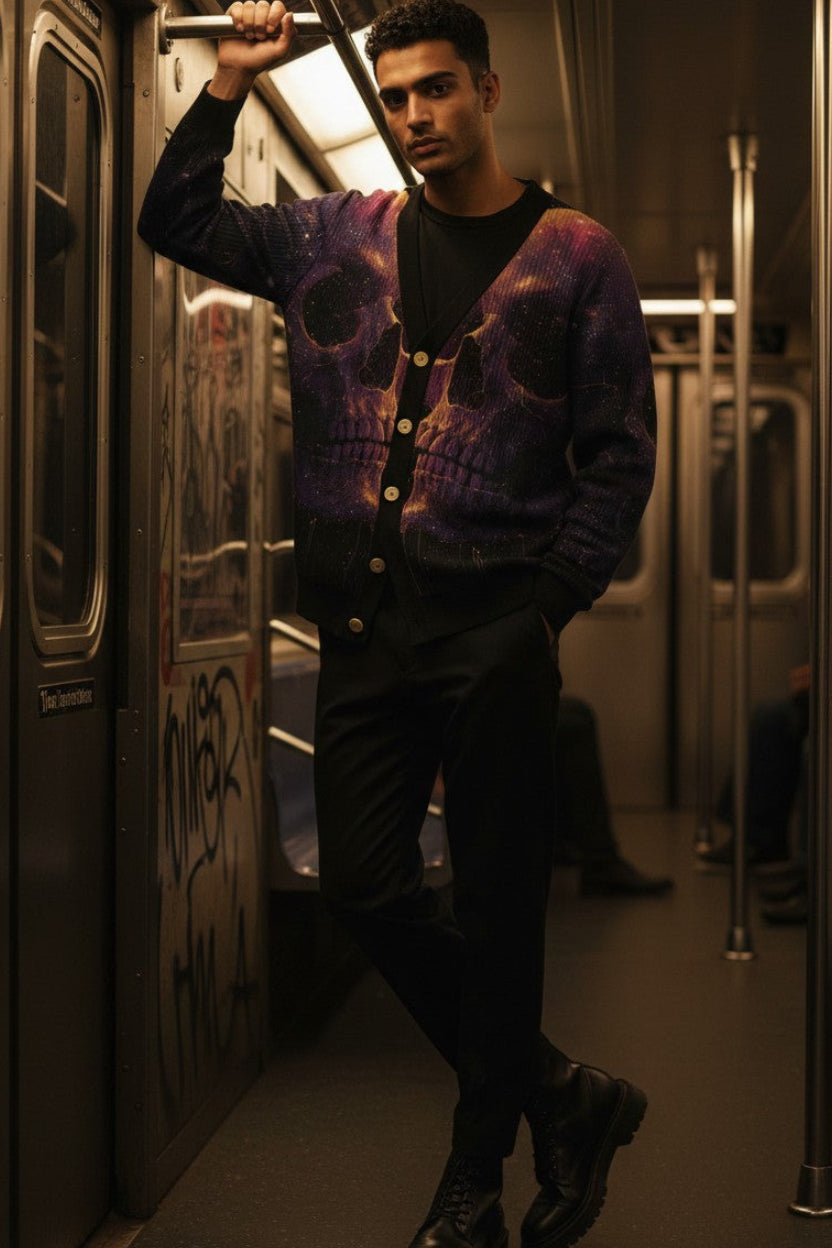 A man wearing a purple and black skull-patterned cardigan over a black shirt and black pants, standing on a subway train holding a metal handrail.
