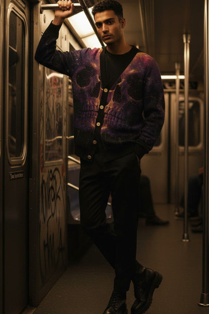 A man wearing a purple and black skull-patterned cardigan over a black shirt and black pants, standing on a subway train holding a metal handrail.
