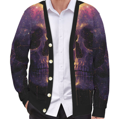 A man wearing a black button-front cardigan with a detailed purple, black, and orange cosmic skull print, layered over a white button-down shirt.