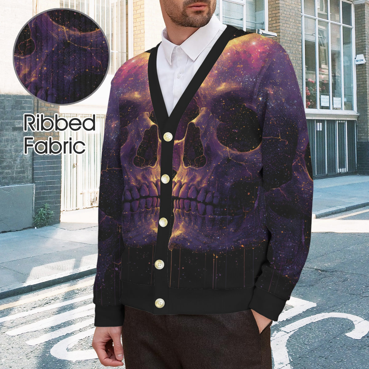 A man wearing a ribbed cardigan with a detailed skull and galaxy print in purple, black, and gold, standing on a city street. A circular inset shows the ribbed fabric texture, and text reads 'Ribbed Fabric'.