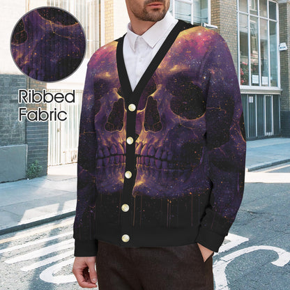 A man wearing a ribbed cardigan with a detailed skull and galaxy print in purple, black, and gold, standing on a city street. A circular inset shows the ribbed fabric texture, and text reads 'Ribbed Fabric'.