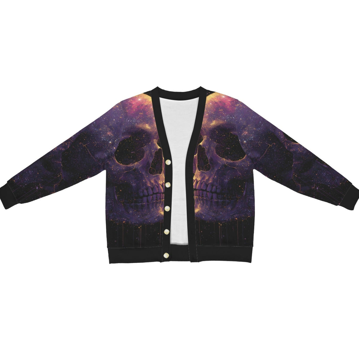 A black cardigan jacket featuring a detailed graphic print of two large skulls set against a purple and orange cosmic galaxy background. The cardigan has black ribbed trim, a white inner lining visible at the collar, and gold-colored snap buttons down the front.