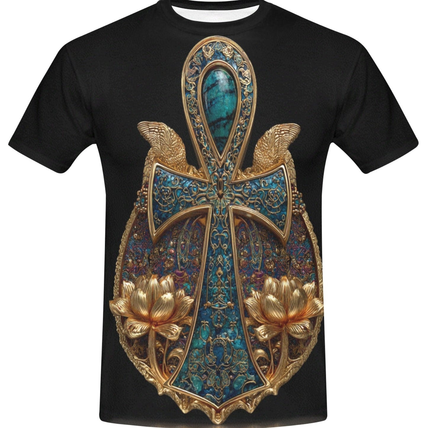 Black t-shirt with a decorative cross design featuring gold and blue colors on a white background