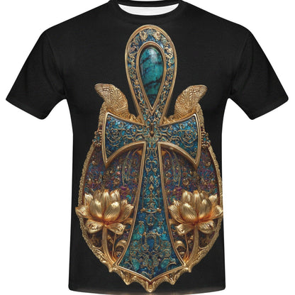 Black t-shirt with a decorative cross design featuring gold and blue colors on a white background