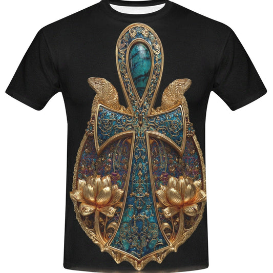 Black t-shirt with a decorative cross design featuring gold and blue colors on a white background
