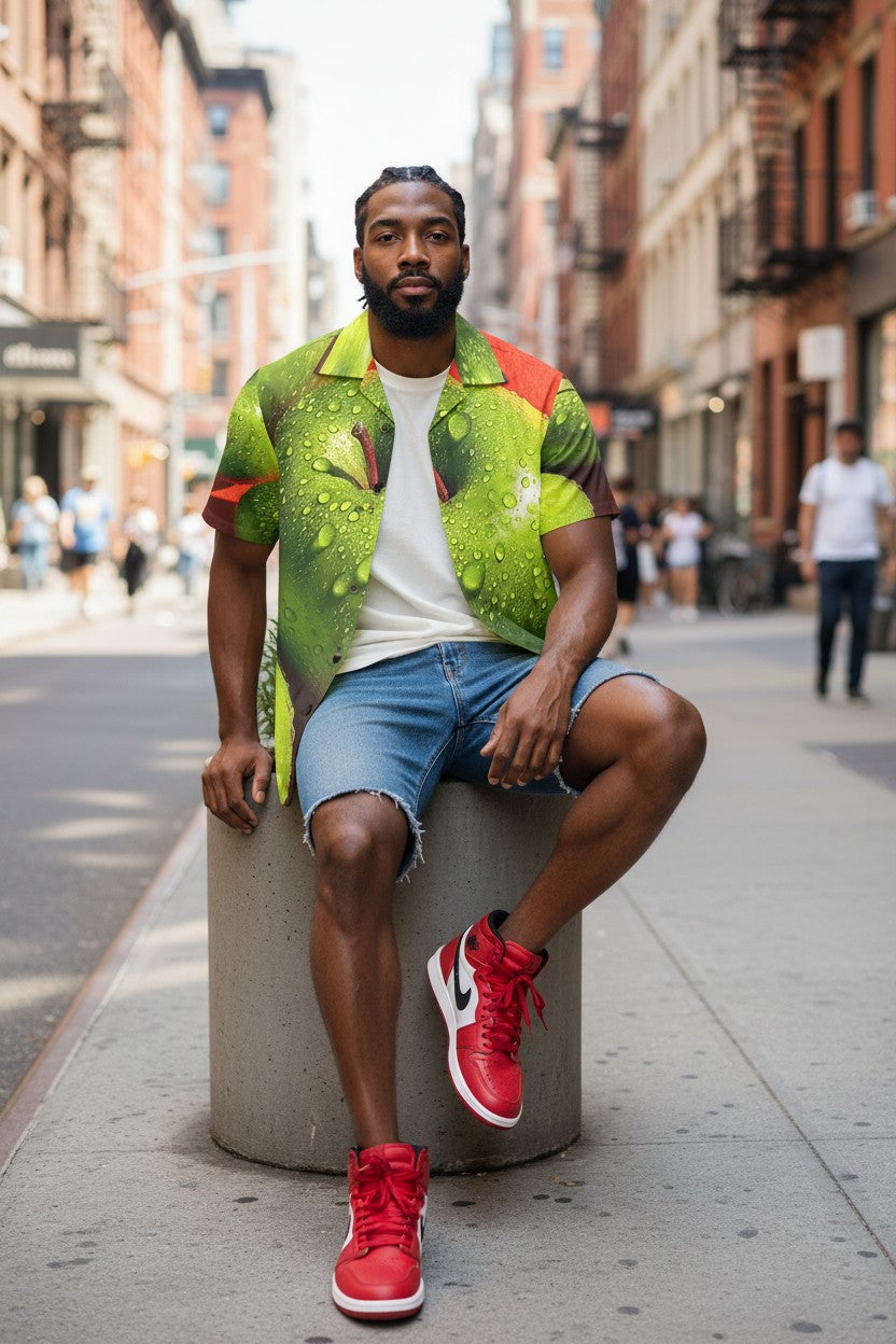 Man sitting on a concrete block in an urban setting wearing a colorful shirt, white sneakers, and denim shorts.