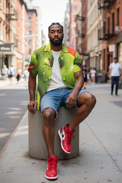 Man sitting on a concrete block in an urban setting wearing a colorful shirt, white sneakers, and denim shorts.