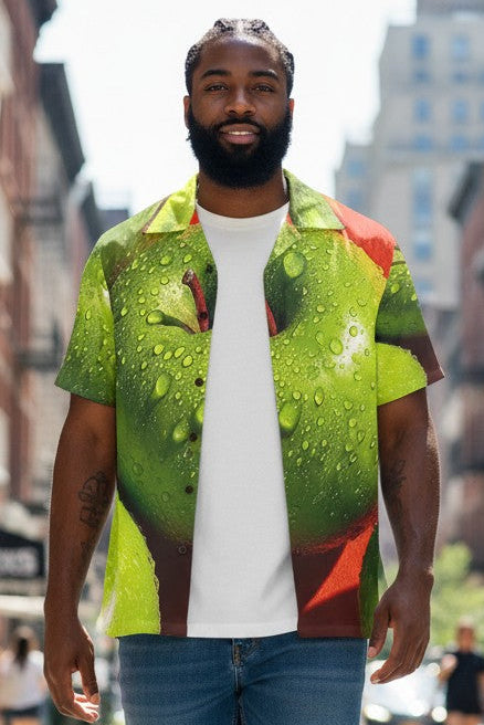 Man wearing a colorful shirt with a city street background