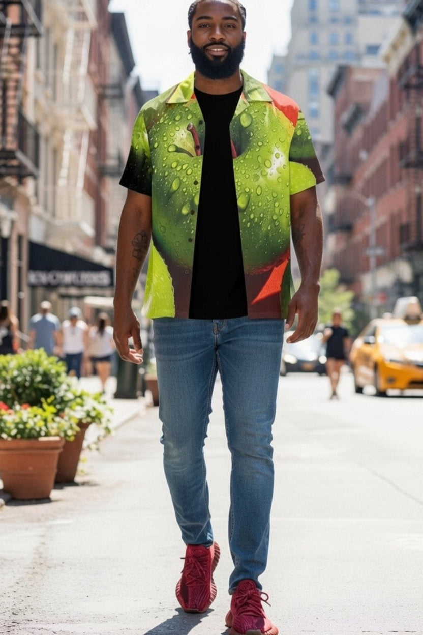 Man wearing a colorful shirt with water droplets on a city street