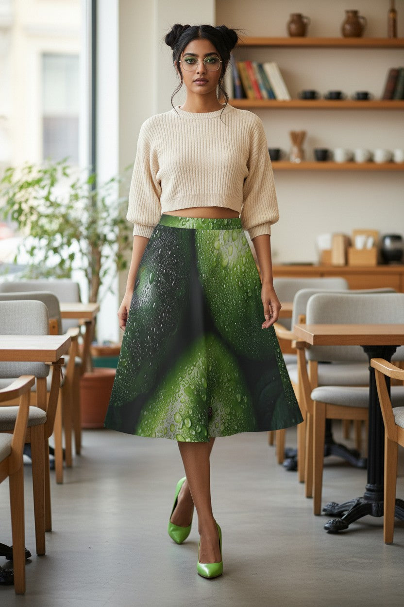 Woman in a green skirt and beige sweater standing in a cafe.