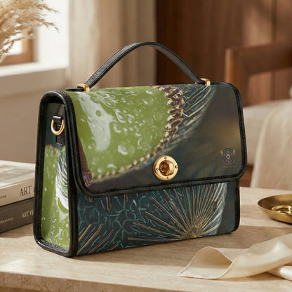 A structured handbag with a glossy green and dark teal tropical leaf print, black leather trim, and gold-tone hardware, styled on a light stone table in a warm, sunlit room.