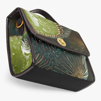 A structured handbag with a glossy green botanical print and black leather trim, featuring a gold-tone turn-lock clasp on a light gray background.