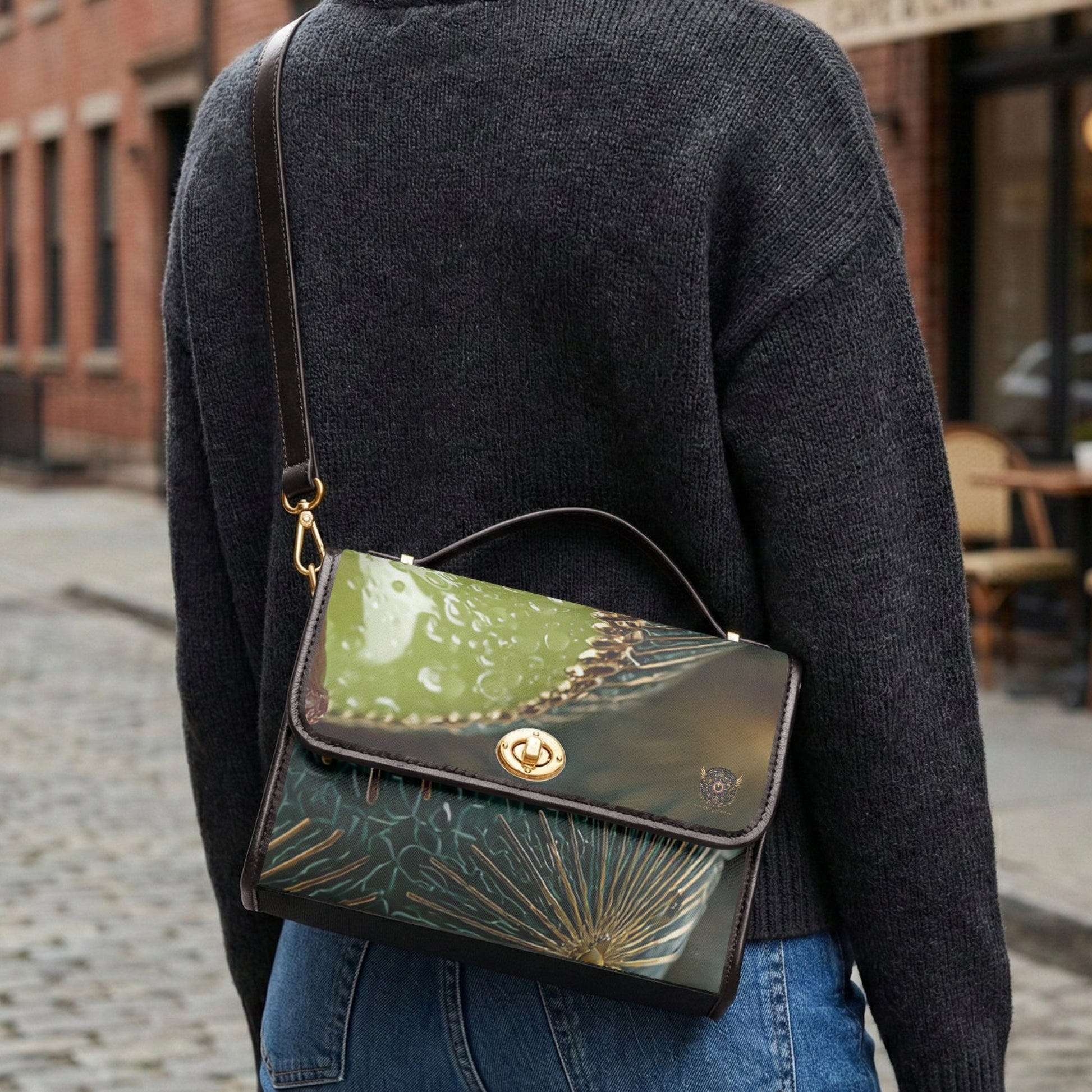 A woman wearing a dark gray knit sweater and blue jeans carries a glossy green and black handbag with gold-tone hardware and a floral pattern, photographed on a cobblestone street in front of brick buildings.