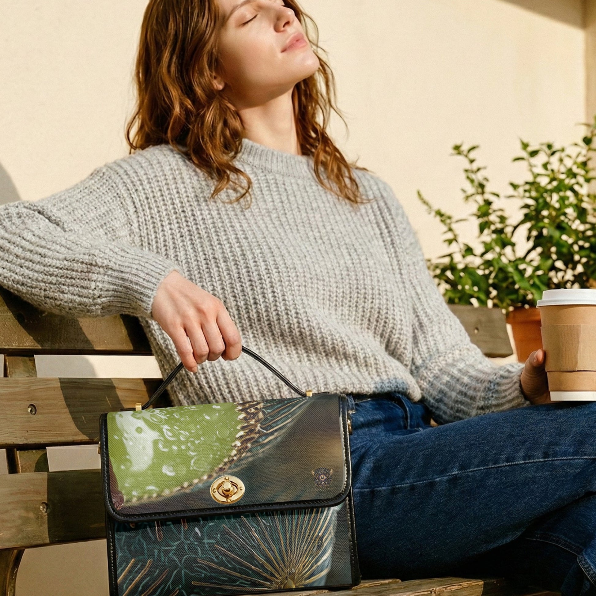 A woman in a gray knit sweater and blue jeans sits on a wooden bench holding a coffee cup, with a patterned black and green handbag resting on the bench in front of her.