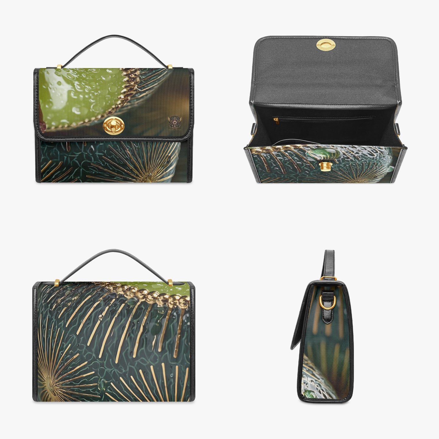 A structured handbag shown from multiple angles on a light gray background, featuring a dark green and black abstract leaf or fan-like print with metallic gold linework and gold-tone hardware.