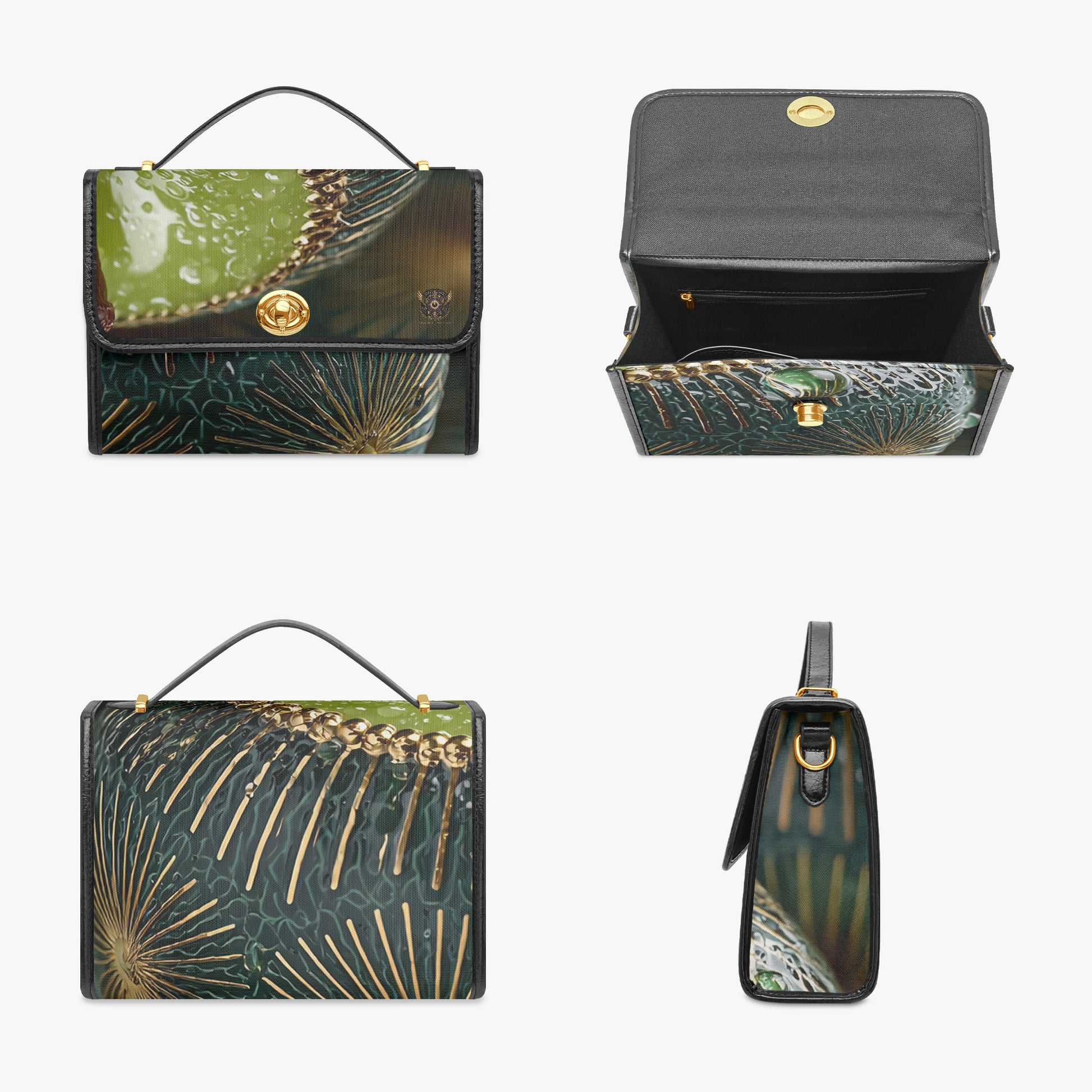 A structured handbag shown from multiple angles on a light gray background, featuring a dark green and black abstract leaf or fan-like print with metallic gold linework and gold-tone hardware.
