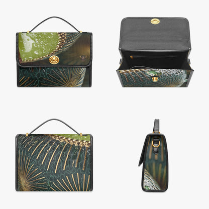 A structured handbag shown from multiple angles on a light gray background, featuring a dark green and black abstract leaf or fan-like print with metallic gold linework and gold-tone hardware.