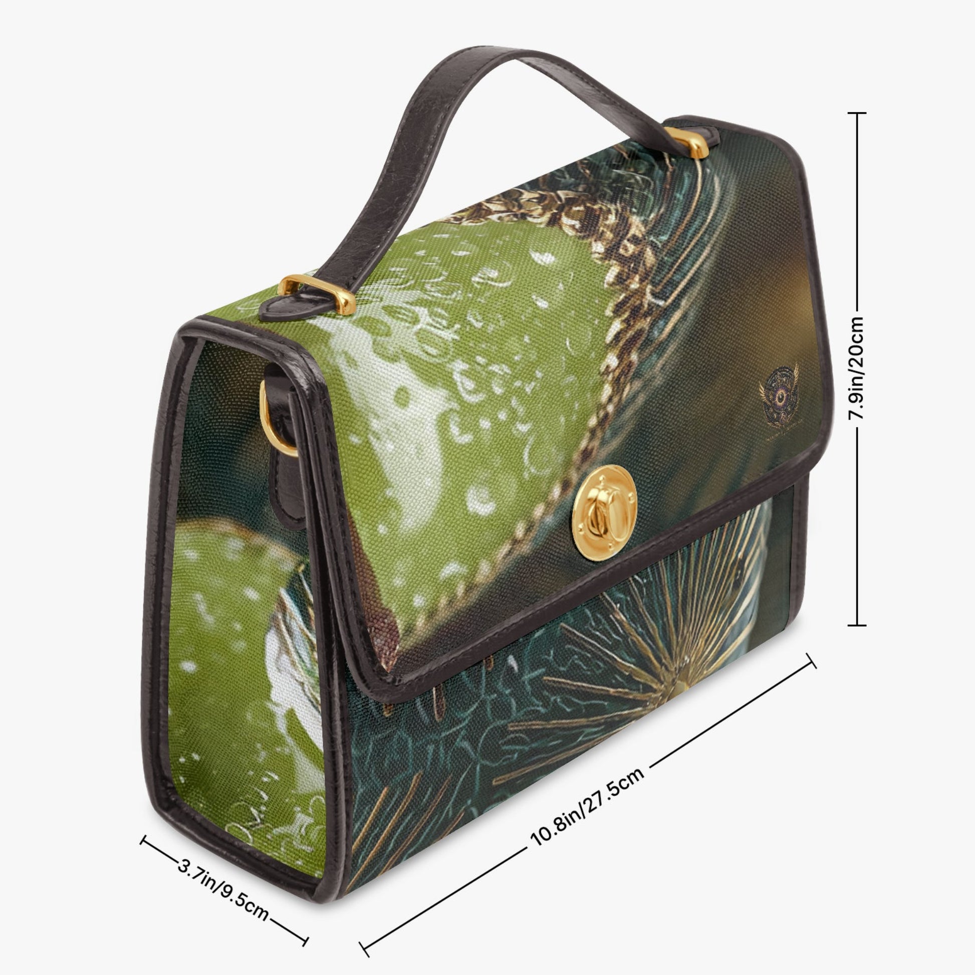 A structured handbag with a green and dark teal botanical print, dark brown leather trim, and gold-tone hardware, shown with dimension lines and measurements on a light gray background.