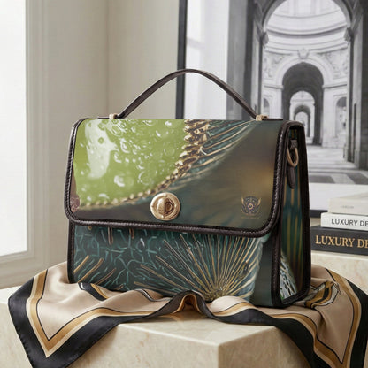 A structured handbag with a green and teal botanical print sits on a cream marble pedestal, draped with a matching beige and black silk scarf. The background features a framed black-and-white architectural print and books.