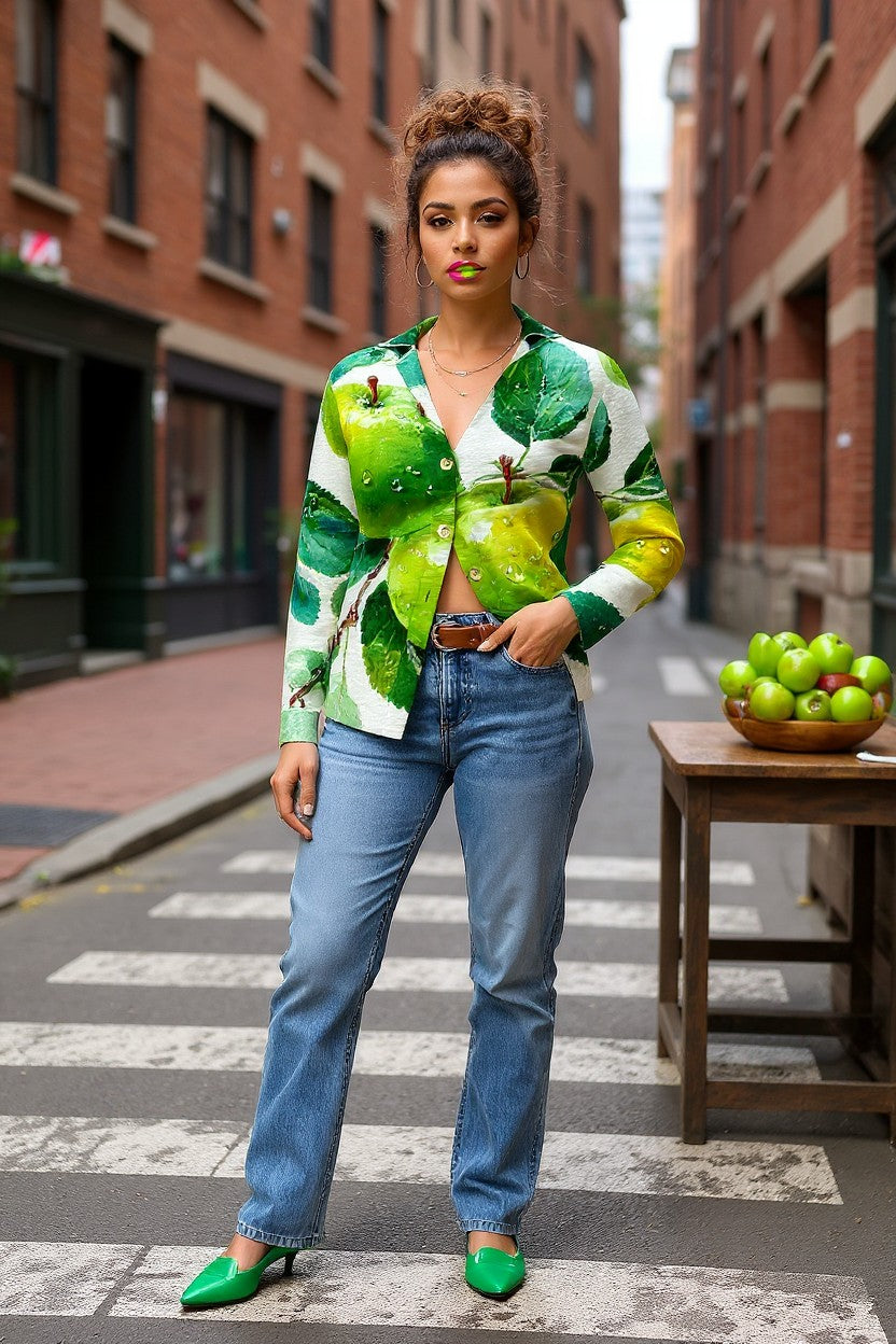 Woman in a green and white patterned shirt and blue jeans standing on a city street.