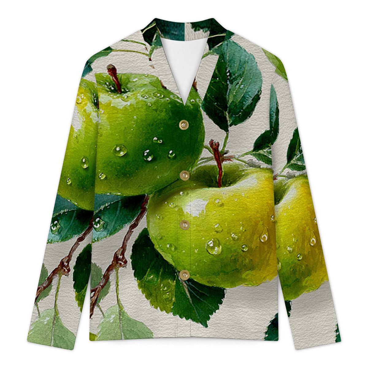 Cardigan with green apple and leaf pattern on a white background