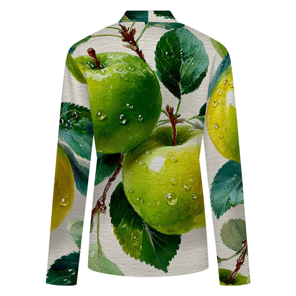 Long-sleeve shirt with green apple design on a white background