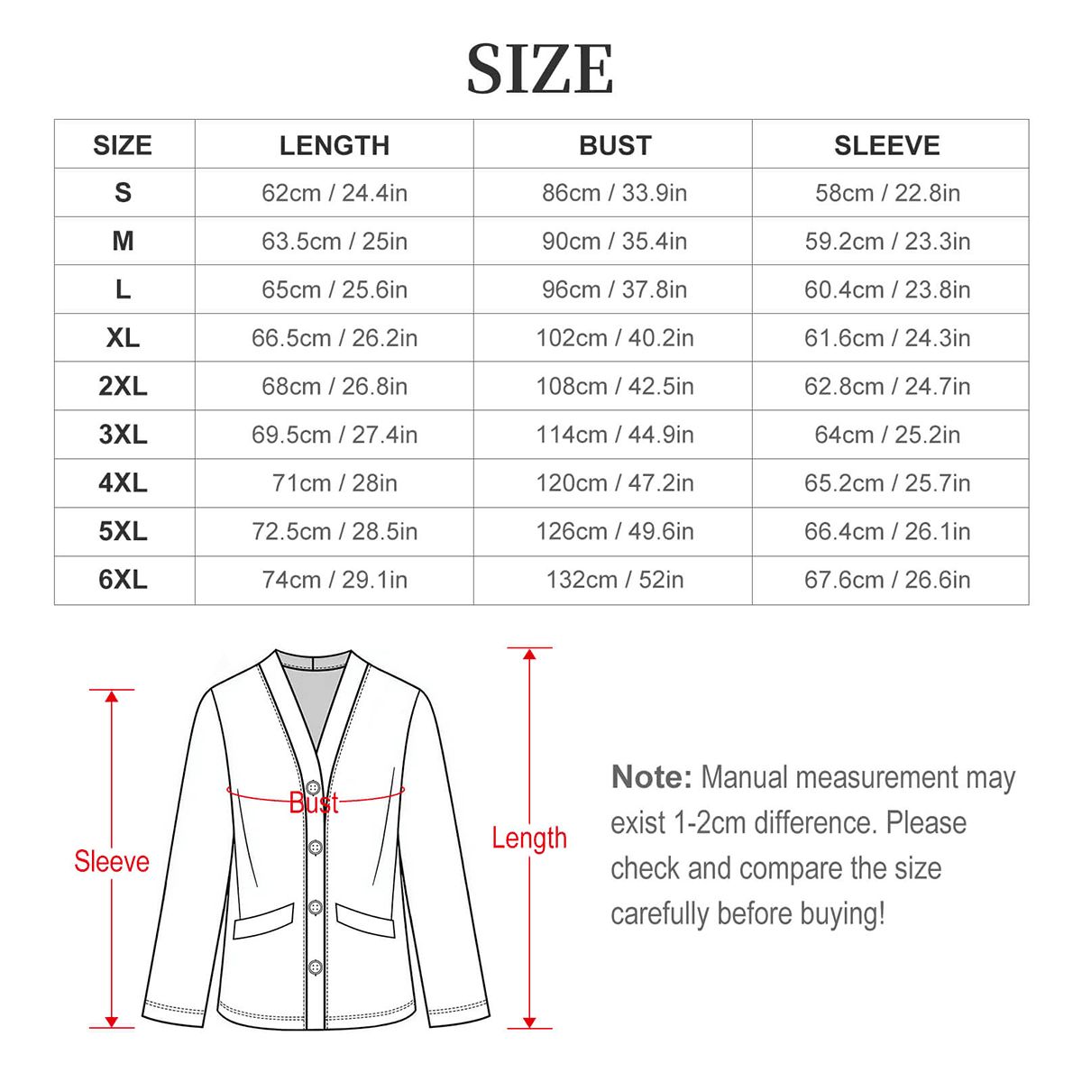 Size chart for a jacket with measurements in centimeters and inches, including a diagram of the jacket.
