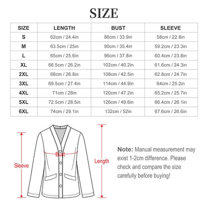 Size chart for a jacket with measurements in centimeters and inches, including a diagram of the jacket.
