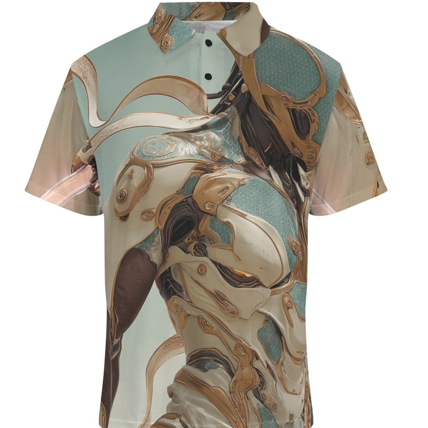 Short-sleeve shirt with horse and rider design on a white background