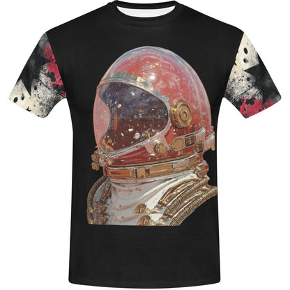 Black t-shirt with an astronaut helmet graphic on a white background
