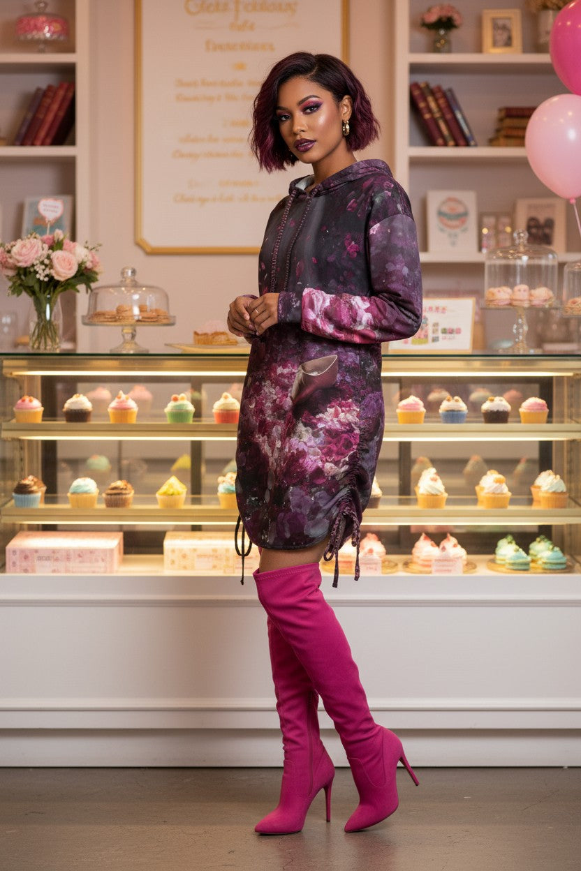 A woman models a purple and black floral print hoodie dress with pink and purple tie details, paired with bright pink over-the-knee boots, set against a bakery background.