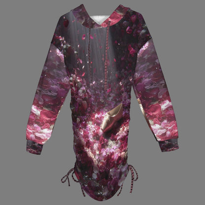 A long-sleeve hooded bodysuit or jumpsuit featuring an abstract, painterly print in deep magenta, burgundy, and black, with a small gold shoe graphic on the front, shown against a solid gray background.
